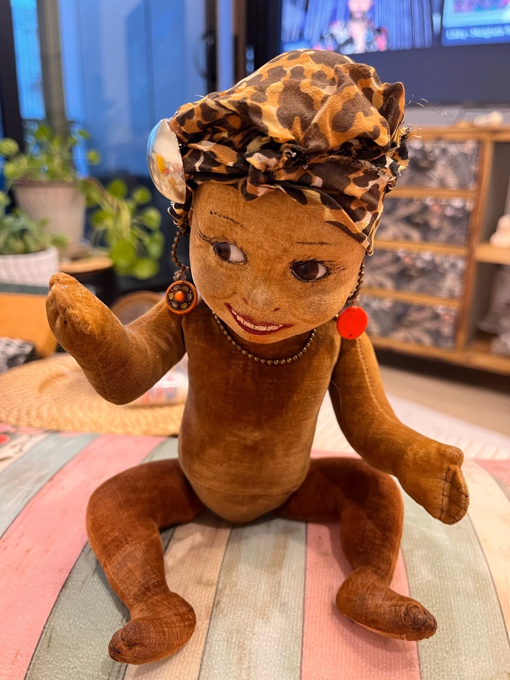 Doll Fabric antique Chad Valley Felt & Velvet Doll with Leopard Headwrap